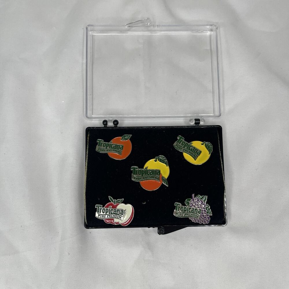 Tropicana Pins Collection Set, collectible, vintage, memorabilia, fruits, fun.